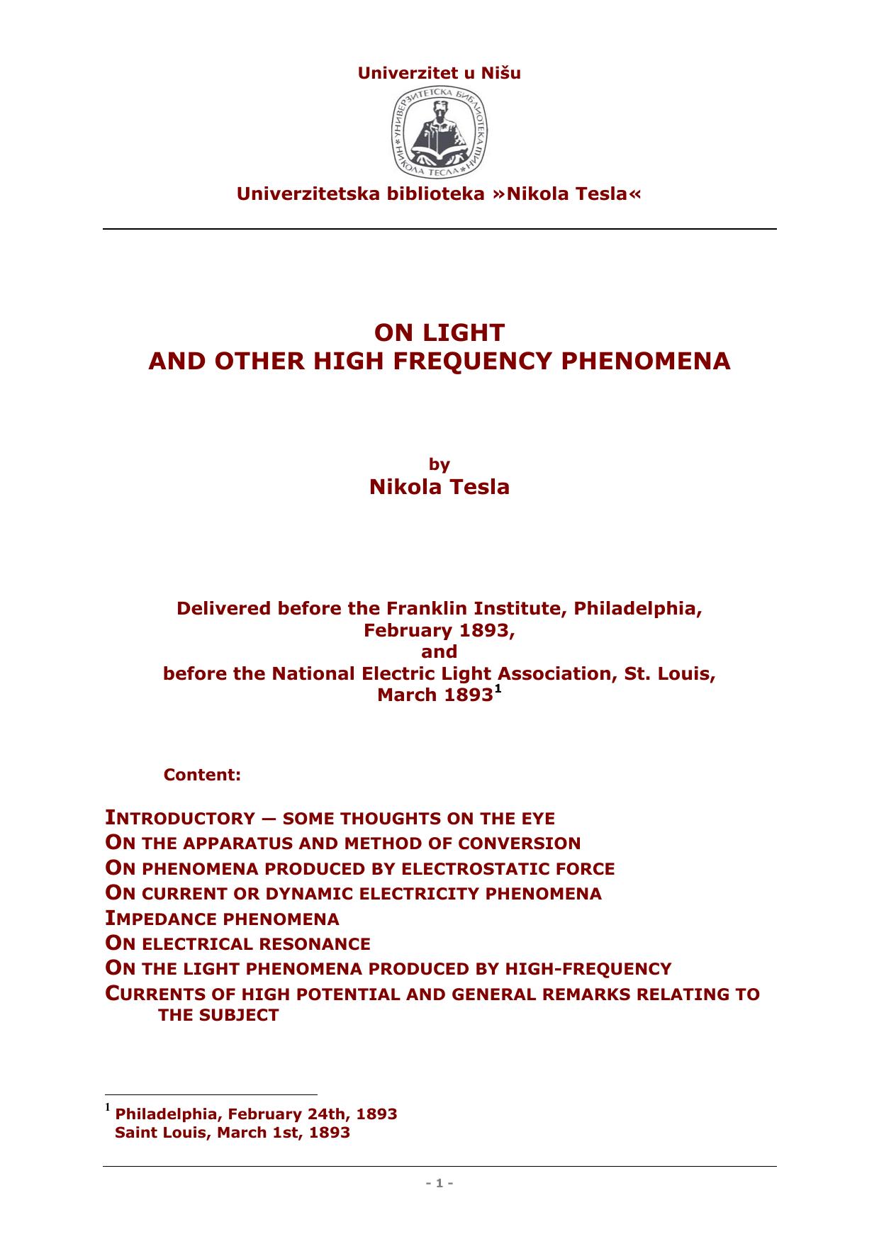 On Light And Other High Frequency Phenomena