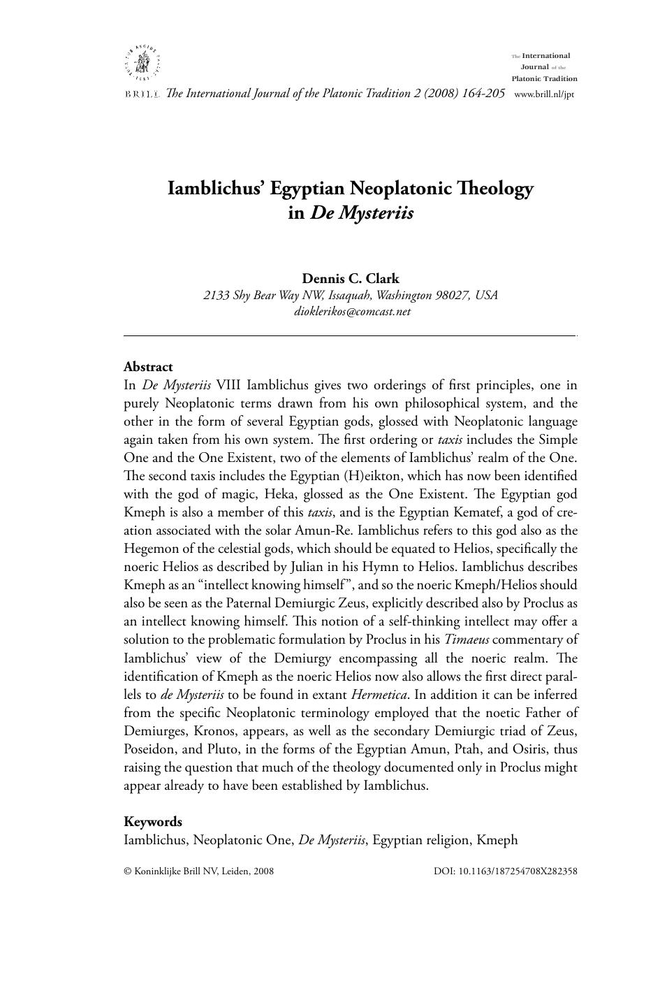 Iamblichus' Egyptian Neoplatonic Theology in De Mysteriis