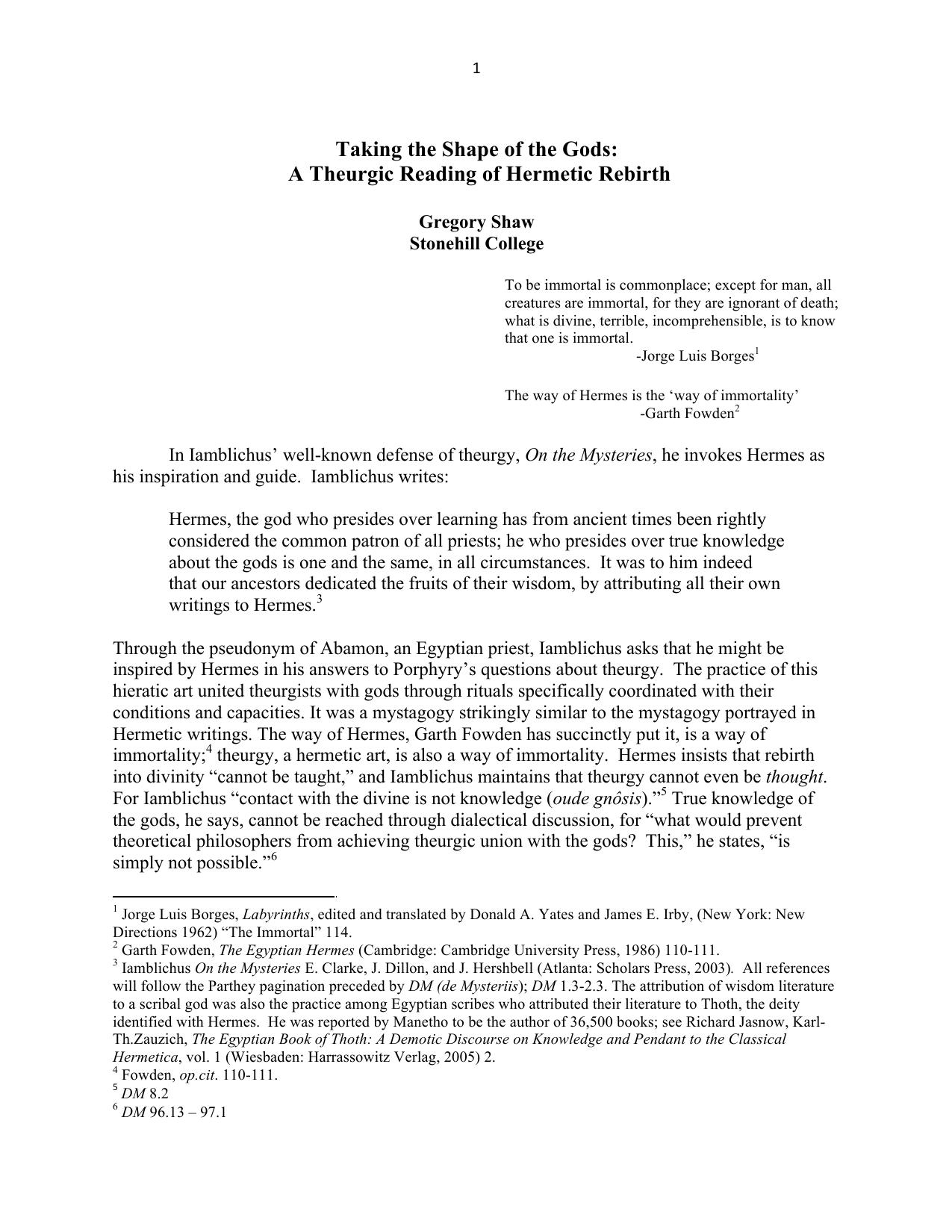 Taking the Shape of the Gods: A Theurgic reading of Hermetic Rebirth